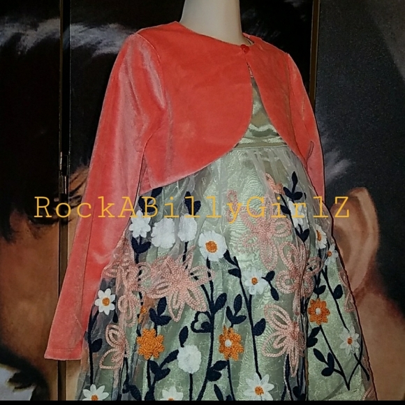 Tatyana Lil Taty Girl Peach Coral Velvet Long Sleeve Bolero w One Button Closure - Picture 4 of 6